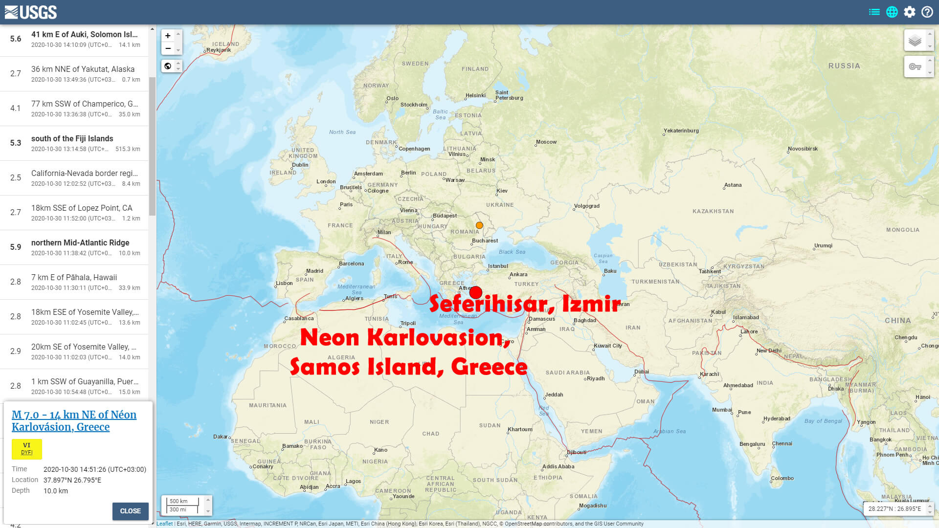 Samos Greece - Seferihisar Izmir - Sep 30 Earthquake USGS Map
